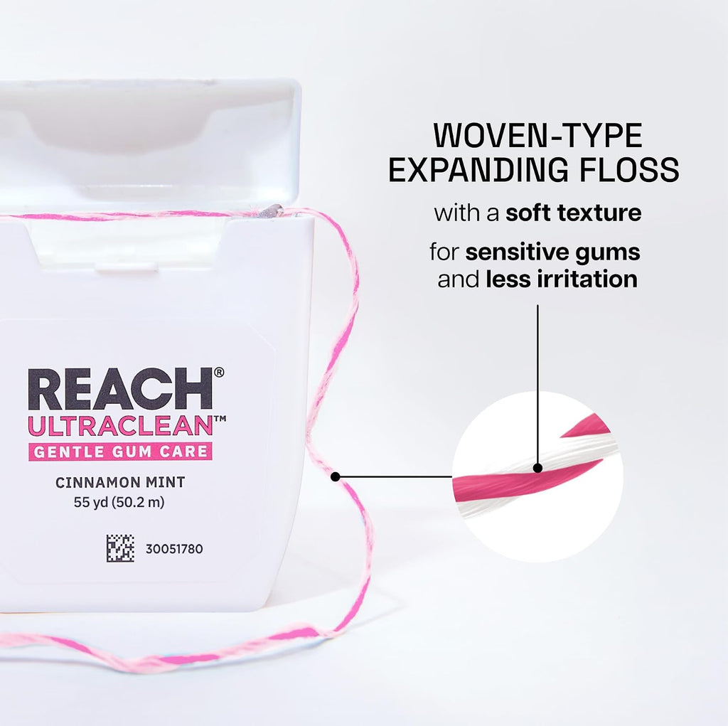 REACH ULTRACLEAN Gentle Gum Care Expanding Floss – Woven, Non-Waxed, PFAS-Free with Vitamin E, for Sensitive Gums, Cinnamon Mint 55YD (3-Pack)