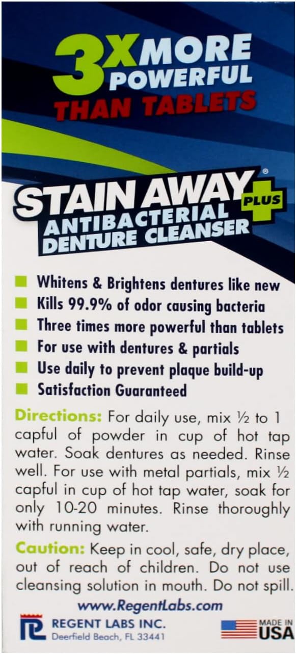 Stain Away Plus Antibacterial Denture Cleanser, 3X More Powerful Than Tablets, Whitens Dentures Like New, 5 Minute Fast Action, Clean Mint Taste, 80 Cleanings, 8.1 oz (Pack of 2)