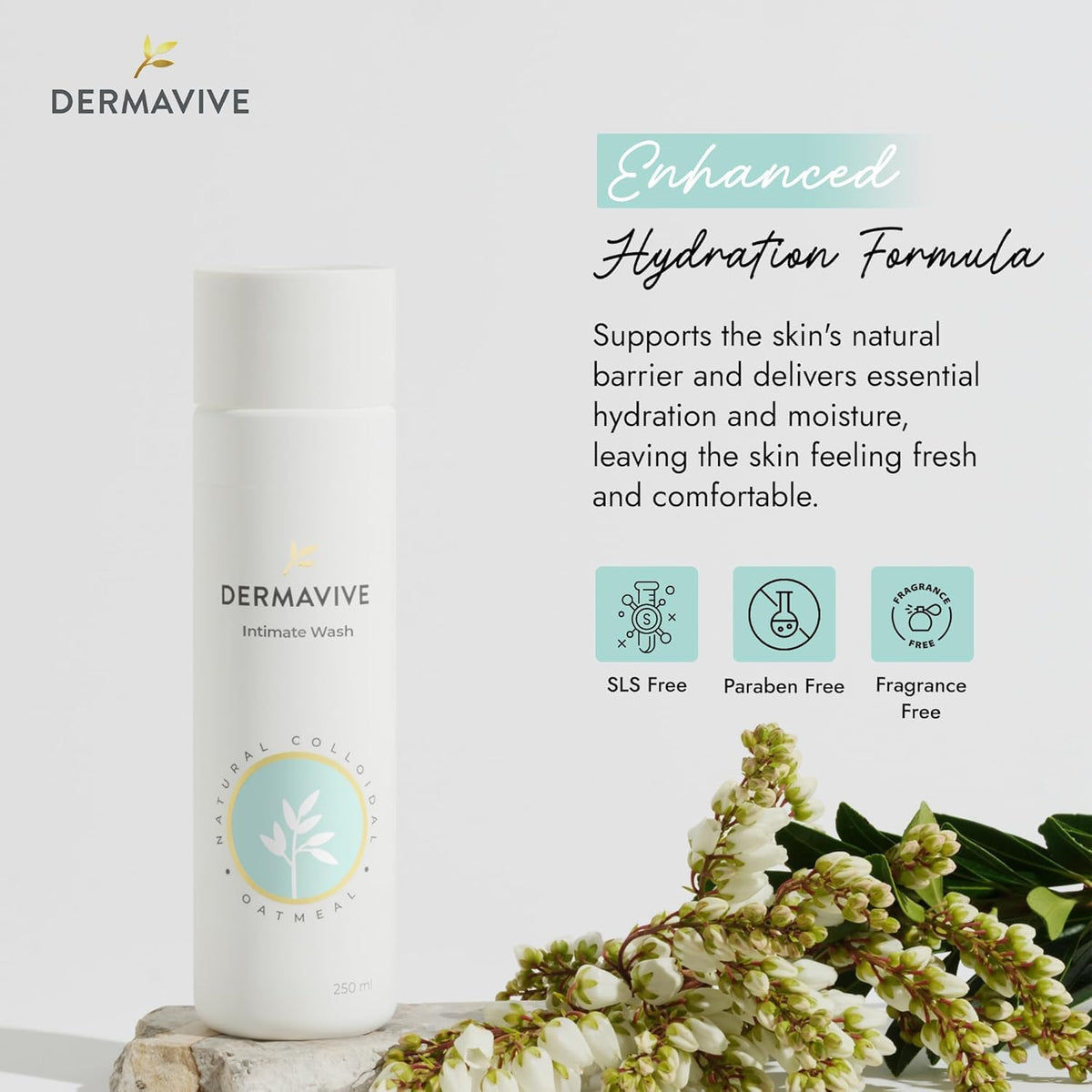 Dermavive Intimate Wash, Gentle Feminine Cleanser for Women, Soap-Free pH-Balanced Hygiene Wash, Dermatologist Tested, Odor Control, Daily Use, 250ml (8.45 fl oz)
