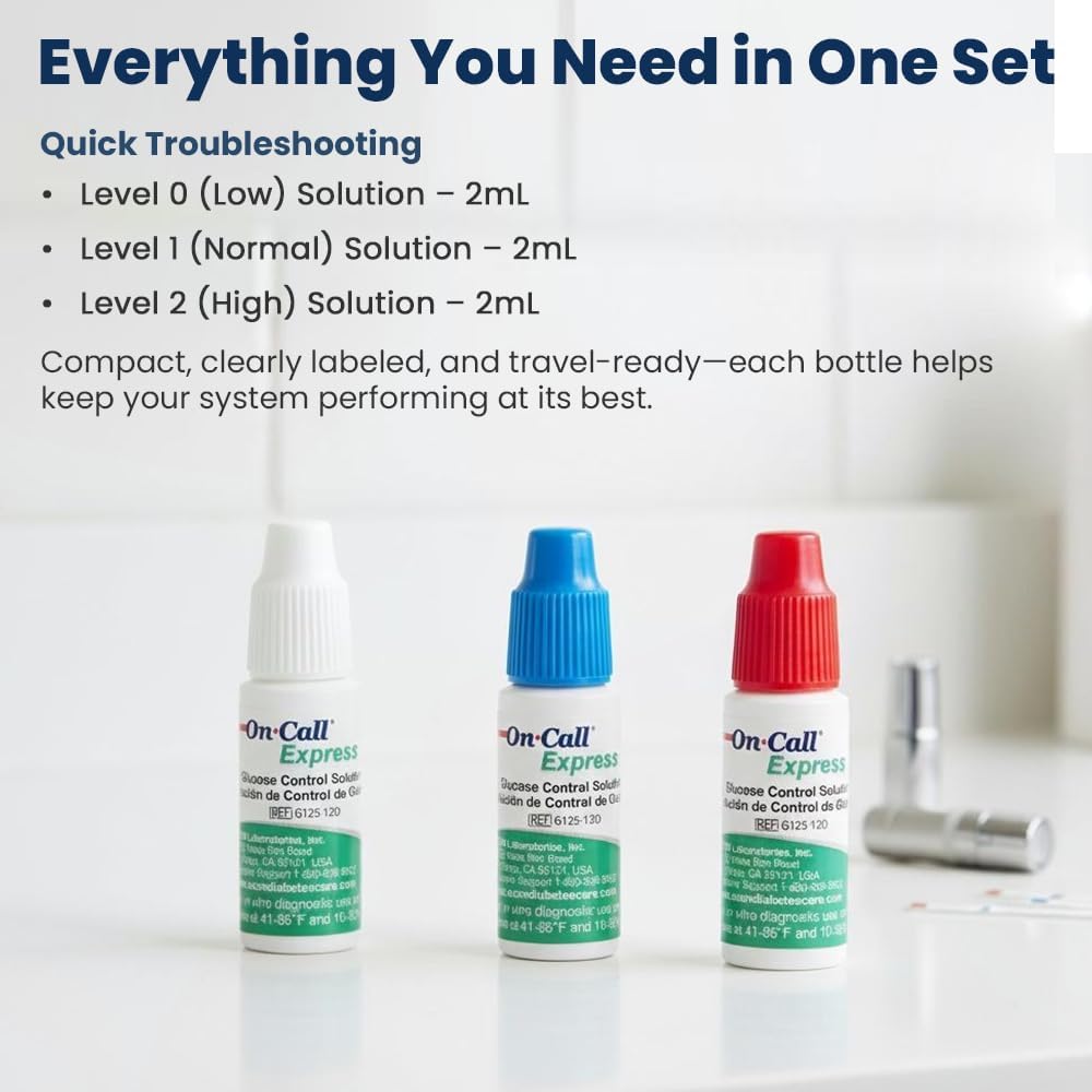 Glucose Control Solution Kit by On Call Express, Level 0, 1 & 2 for Blood Glucose Meters and Test Strips, Accuracy Check & Calibration Verification, 3-Pack Bottles, 2mL Each