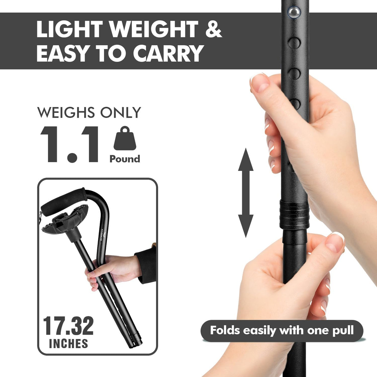 Self Standing Walking Cane Quad Base for Seniors | Lightweight aluminum, foldable design, 31–36 in adjustable height, EVA offset handle, self-standing quad base