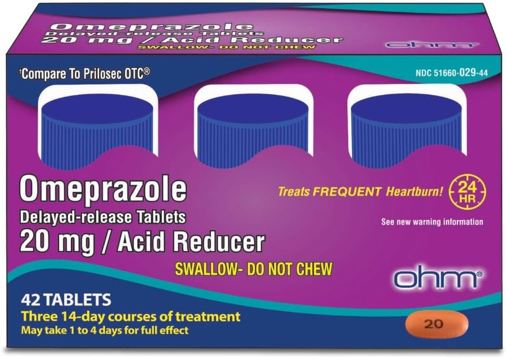 Ohm Omeprazole 20mg, 42 Delayed-Release Tablets, Acid Reducer for Frequent Heartburn, 24-Hour Relief Heartburn Medicine, Helps Relieve Stomach & Chest Discomfort (6 Weeks of Supply, 42, Count)