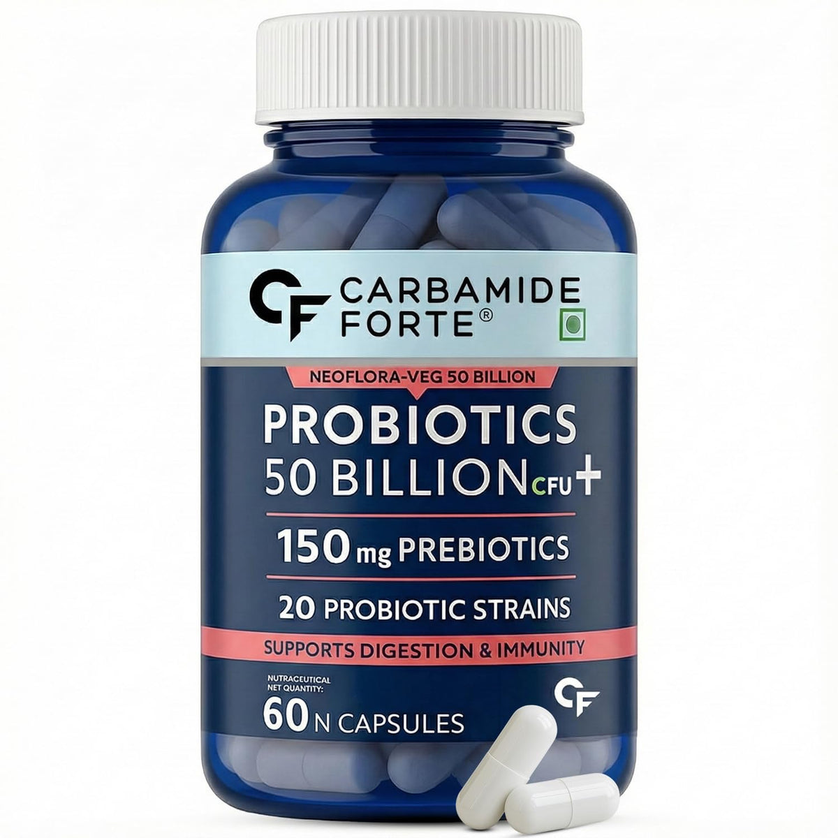 Carbamide Forte Probiotics Supplement 50 Billion CFU Gut Health Supplements with Probiotic | Gut Cleanse with Prebiotics and Probiotics – 60 Capsules
