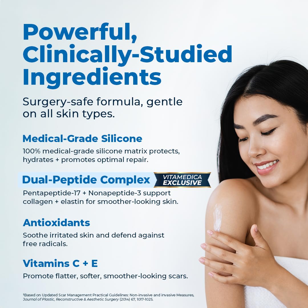 VitaMedica Silicone Scar Gel + Peptides - Medical Grade, 1 oz | For Old & New Scars, Acne, Surgical, Burn & Keloid - Reduces Redness & Itching - For Face & Body
