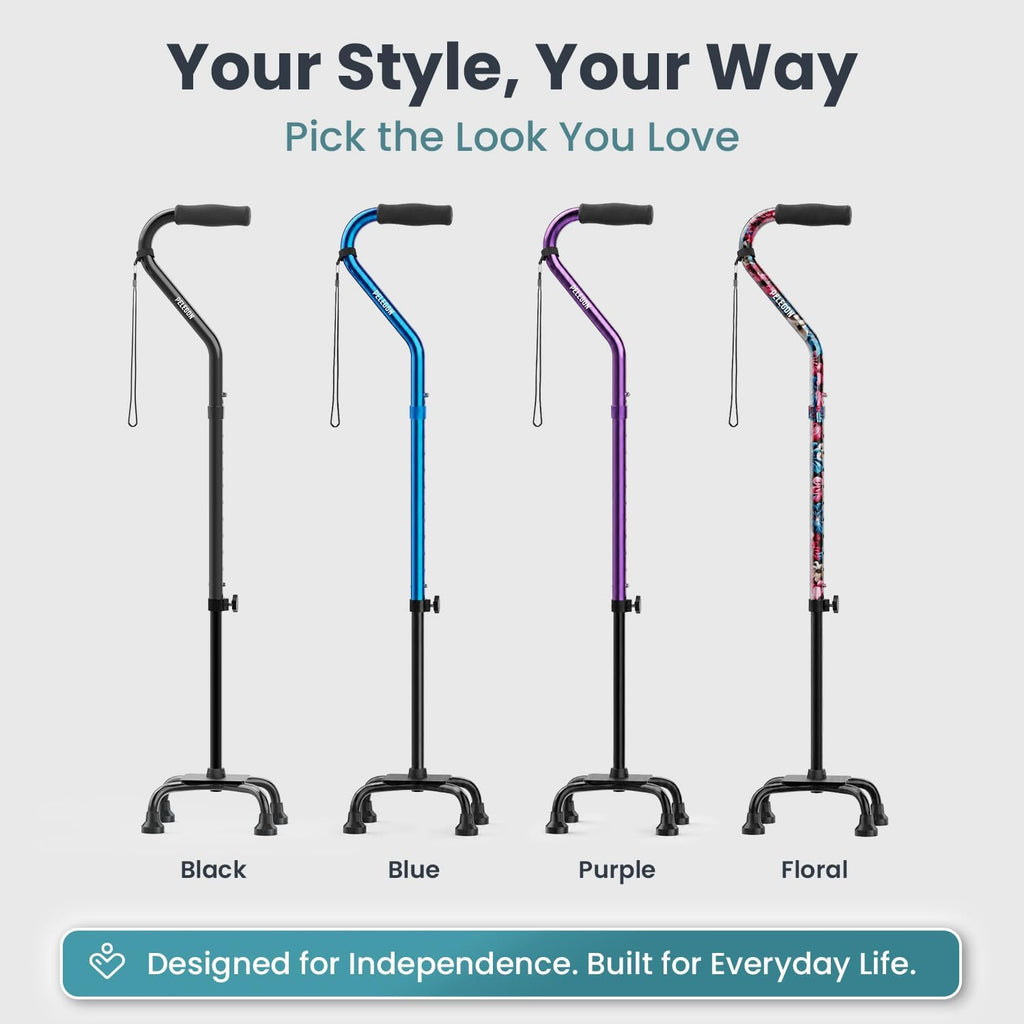 PELEGON Quad Cane (300 lb) - Adjustable Walking Cane with A Large 4 Pronged Base for Extra Balance & Stability, Walking Canes for Seniors, Walking Cane for Men & Women, Walking Sticks