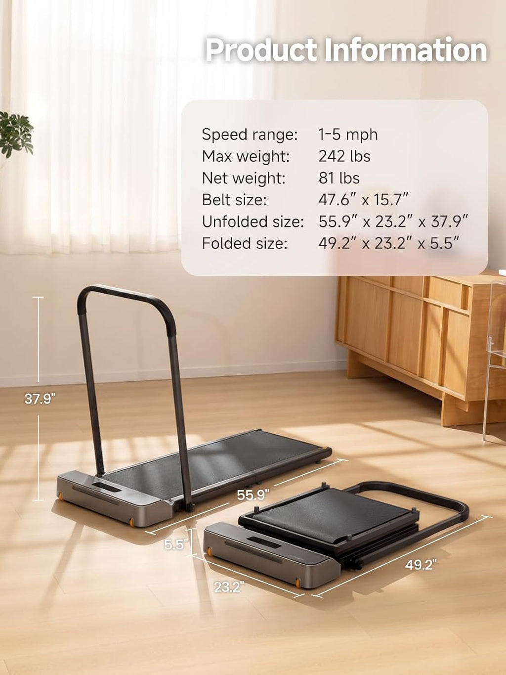 WalkingPad Foldable Walking Pad Treadmill with Handle Bar Under Desk | Treadmill for Home Small, Removable Handrail, Compact Storage, Space Saving for Home and Office Use