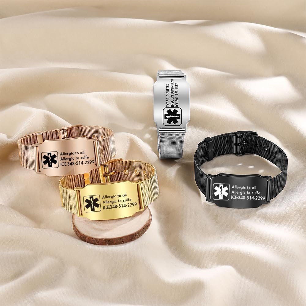 Custom Medical Bracelet for Women Men - Personalized Engraved Stainless Steel Waterproof Emergency Alert Medical ID Bracelet Allergy Wristband