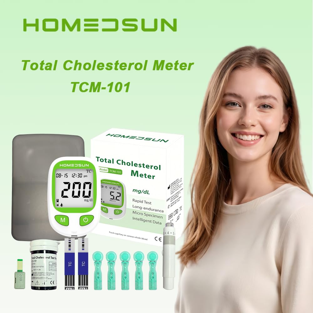 HSTCM101 Total Cholesterol Monitor Kit with 10 Strips Lancets | Home lipid panel test meter for cardiovascular health tracking, includes strips and lancets