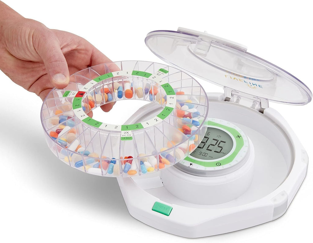LiveFine 28-Day Locking Automatic Pill Dispenser with Alarm, Clear Lid
