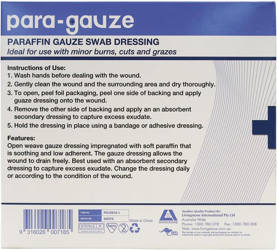 Livingstone Paraffin Gauze Swab Dressings 10 x 10 cm Sterile Single Pack 10/Box