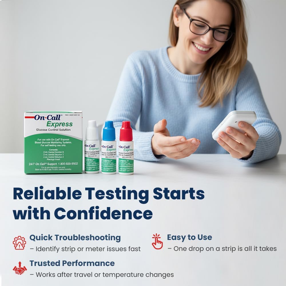Glucose Control Solution Kit by On Call Express, Level 0, 1 & 2 for Blood Glucose Meters and Test Strips, Accuracy Check & Calibration Verification, 3-Pack Bottles, 2mL Each