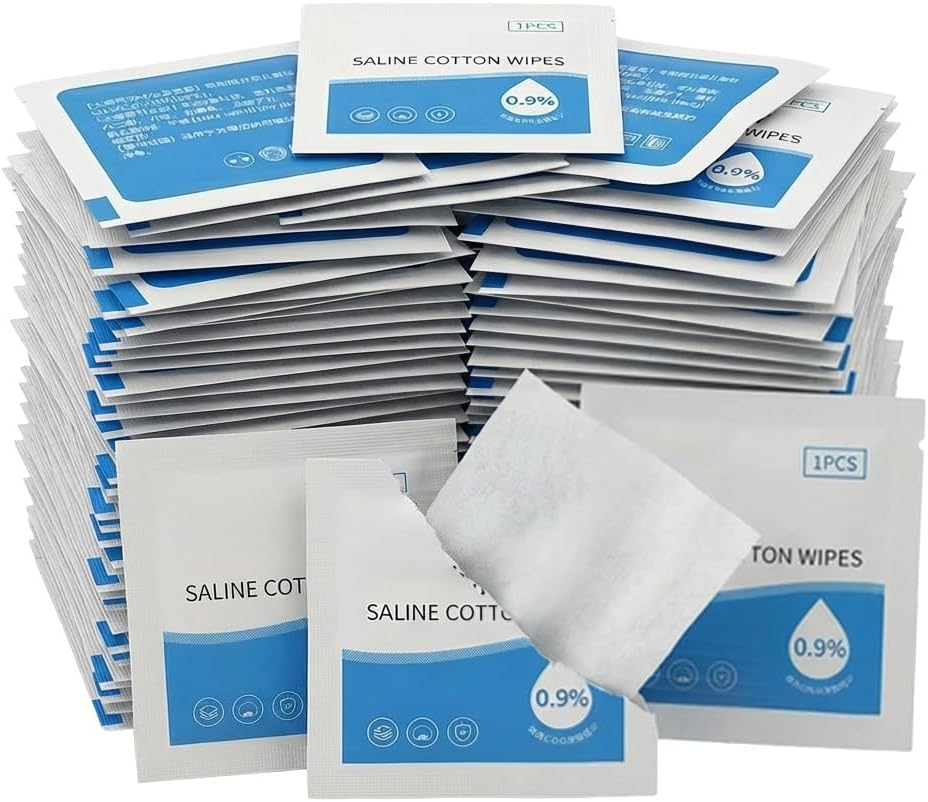 100 Pcs 0.9% Saline Wipes, Sodium Chloride Alcohol Free Cleansing Wipes, Individually Wrapped Gentle Skin Wipe for First Aid Wound Care Piercing Aftercare, Portable Sterile Cleaning Pads (60 x 60 mm)