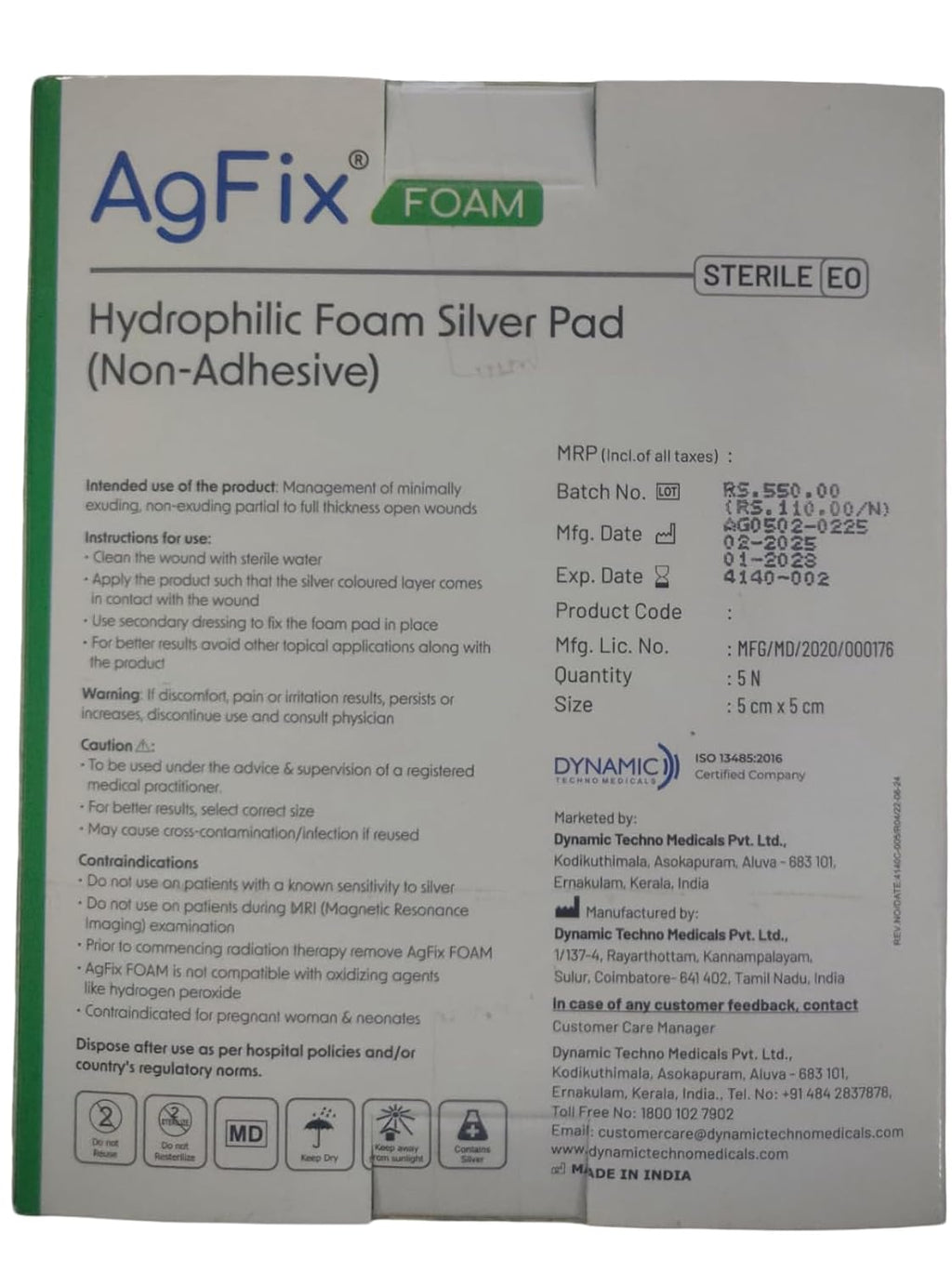 Foam Silver Wound Dressing, AGFIX Dyna Size : 5x5cm, pack of 5