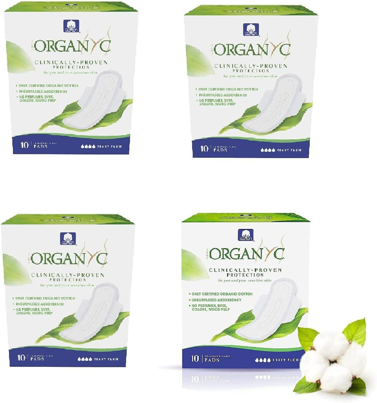 Organ(y)c, 100% Organic Certified Cotton Wings Night Pads - 4 Packs x 10 Pads (Total 40 Units)