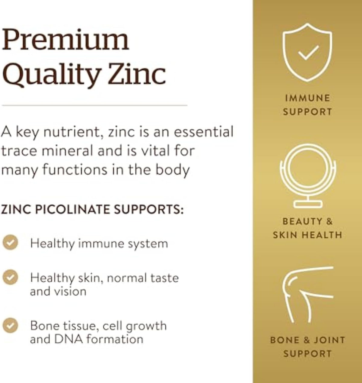 Solgar Zinc Picolinate 22 mg, 100 Tablets - Promotes Healthy Skin - Supports Immune System, Normal Taste & Vision - Antioxidant – Non-GMO, Vegan, Gluten Free, Kosher - 100 Servings