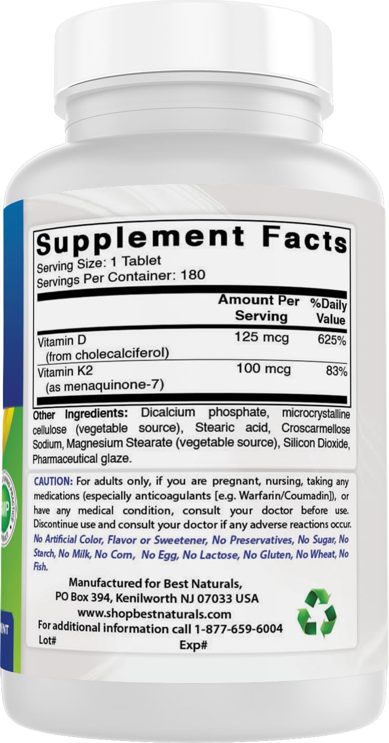 Best Naturals Vitamin K2 (MK7) with D3 Supplement Bone and Heart Health (5000 IU Vitamin D3 & 100 mcg Vitamin K2 MK7), 180 Tablets