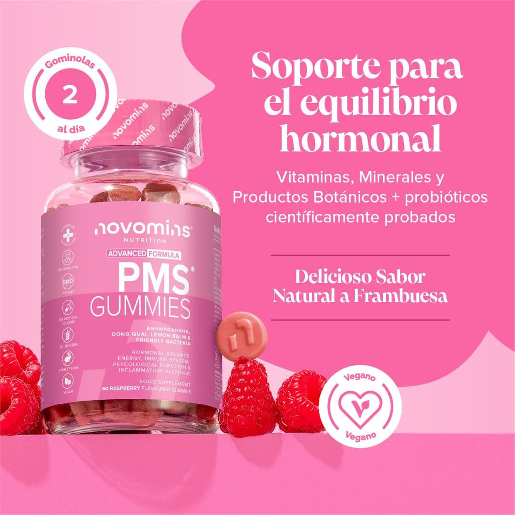 PMS Gummies with Probiotics - 60 Gummies - Multivitamins Woman with Ashwagandha, Dong Quai, Melissa, Vitamin B6, D and Zinc - Vegan - for Hormone Balance and Menstrual Cycle - Novomins