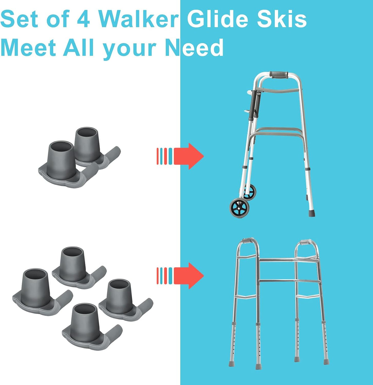 Dotday 4 Pack Walker Skis Glides, Universal Walker Accessories for Seniors | Walker Glides for Folding Walker, Durable Easy-Glide Mobility Aid, Walker Feet Replacement, Universal 1-1/8 inch, Gray
