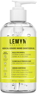 Lemyn Organics Orange Aloe Moisturizing Hand Sanitizer Gel 8oz Pump | Hand sanitizer pump, medical grade, moisturizing, orange scented gel, no drying, non-sticky, made fresh in USA