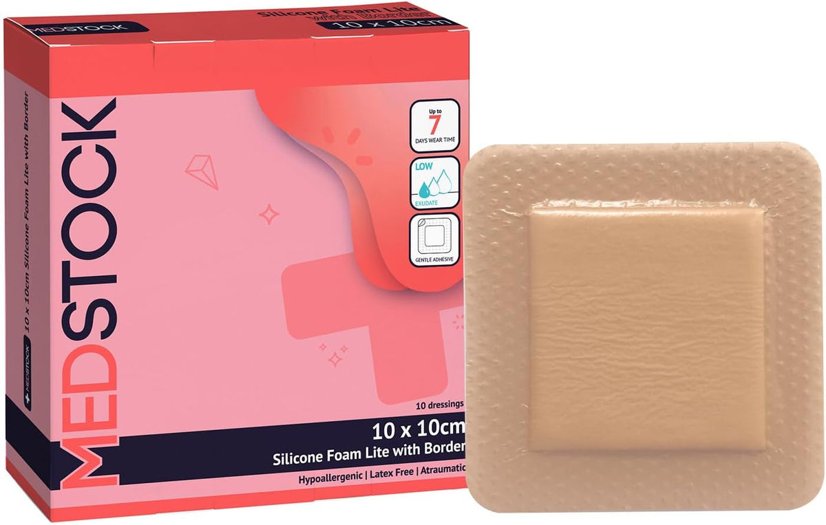 MEDSTOCK Silicone Foam Lite Dressing with Border, 10cm x 10cm, 10 Count, Comfortable Healing for Wounds, Waterproof, Gentle & Secure Adhesion