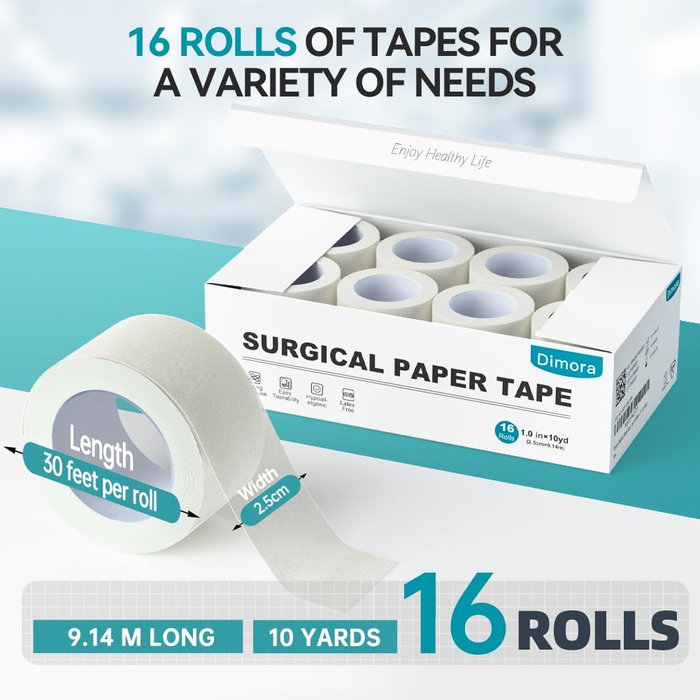 Dimora Paper Medical Tape, White, 16 Rolls, 1 Inch x 10 Yards | Hypoallergenic, For Sensitive Skin, Pain-Free Removal, Easy Tear, Waterproof