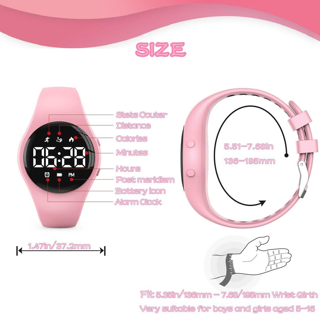 Kids Led Digital Pedometer Watch, Steps Counter, Waterproof Wristwatch, Vibrating Alarm Clock, Stopwatch, Great Gift for Kids Children Teens Girls Boys (Pink)