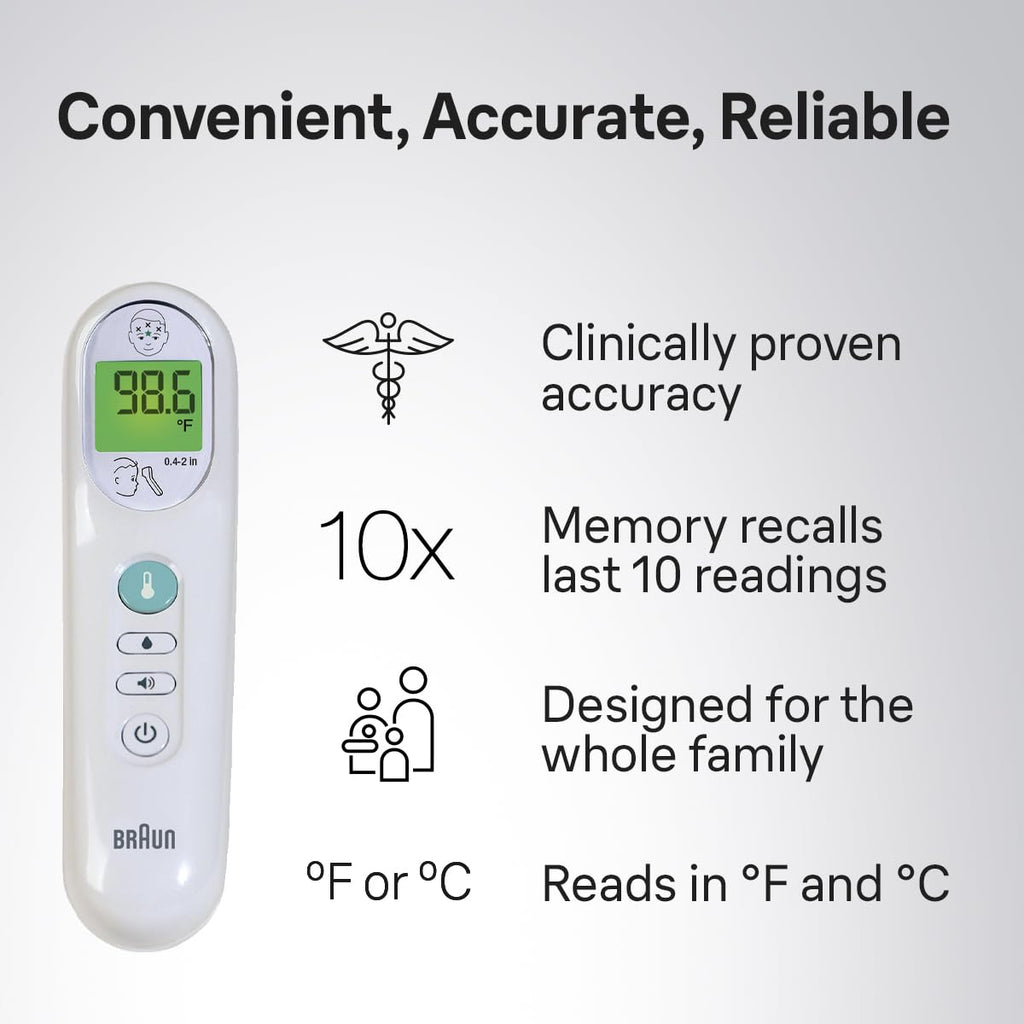 Braun No Touch 3-in-1 Thermometer for Adults, Kids, Babies | Measure Forehead, Liquid, Food Temps, Adult & Baby Thermometer, Professional Accuracy, Color Coded Fever Guidance