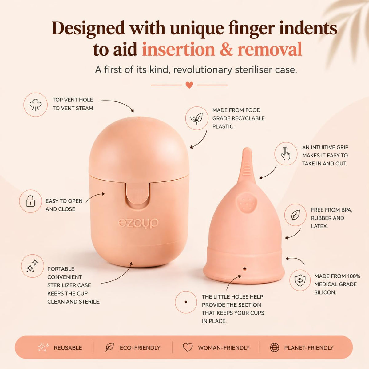 Ezcup Reusable Menstrual Cup for Women with an easy-to-use Portable Sterilising Container, 100% Medical Grade Silicone, FDA Approved, Up to 8-10 Hours use (REGULAR),Pink, Pack of 1