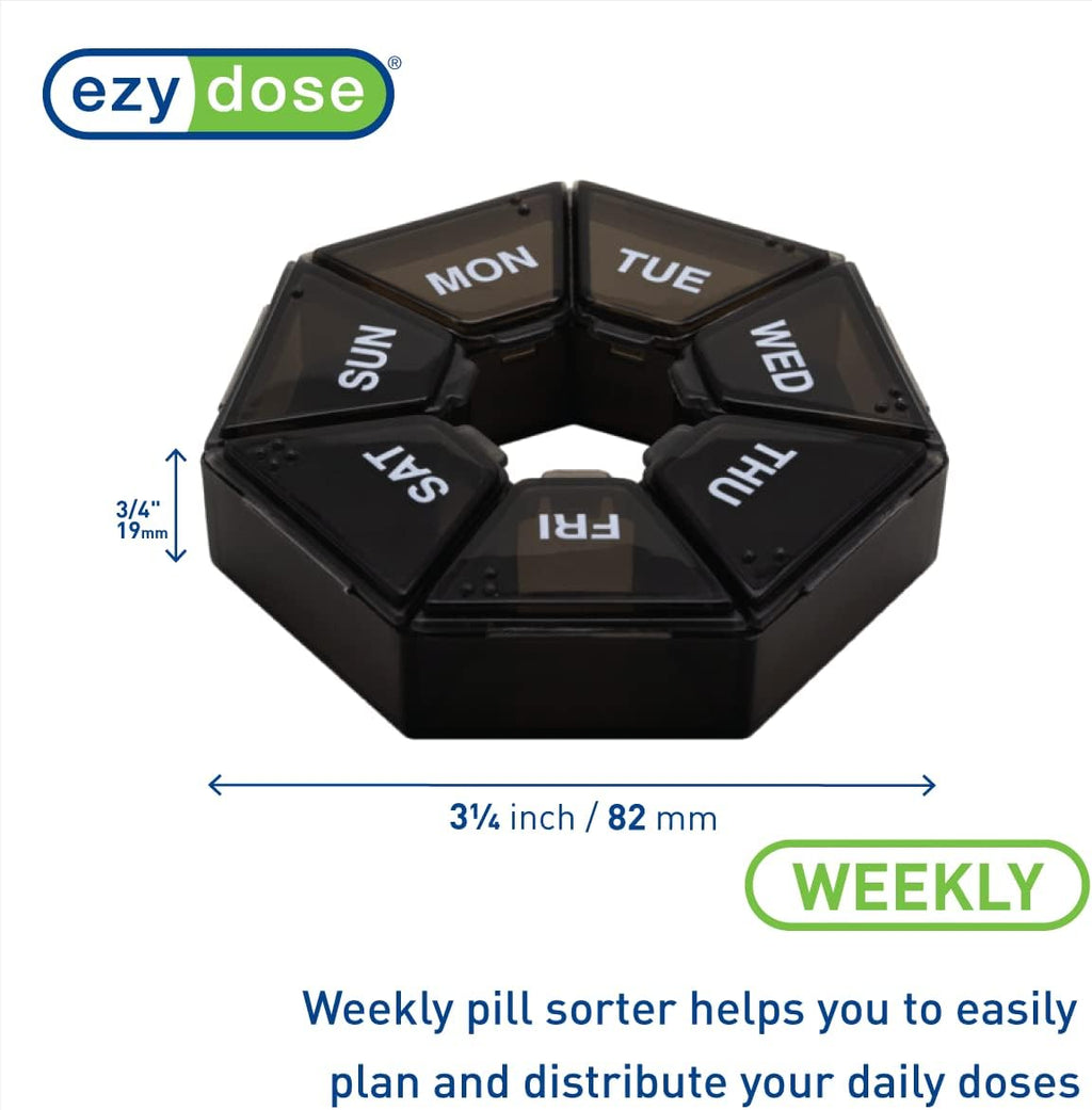 Ezy Dose Weekly (7-Day) Pill Organizer, 7-Sided Medicine Planner, Black | Compact Daily Round Vitamin & Supplement Medicine Case, Convenient and Easy to Use, Travel-Friendly Container, BPA-Free