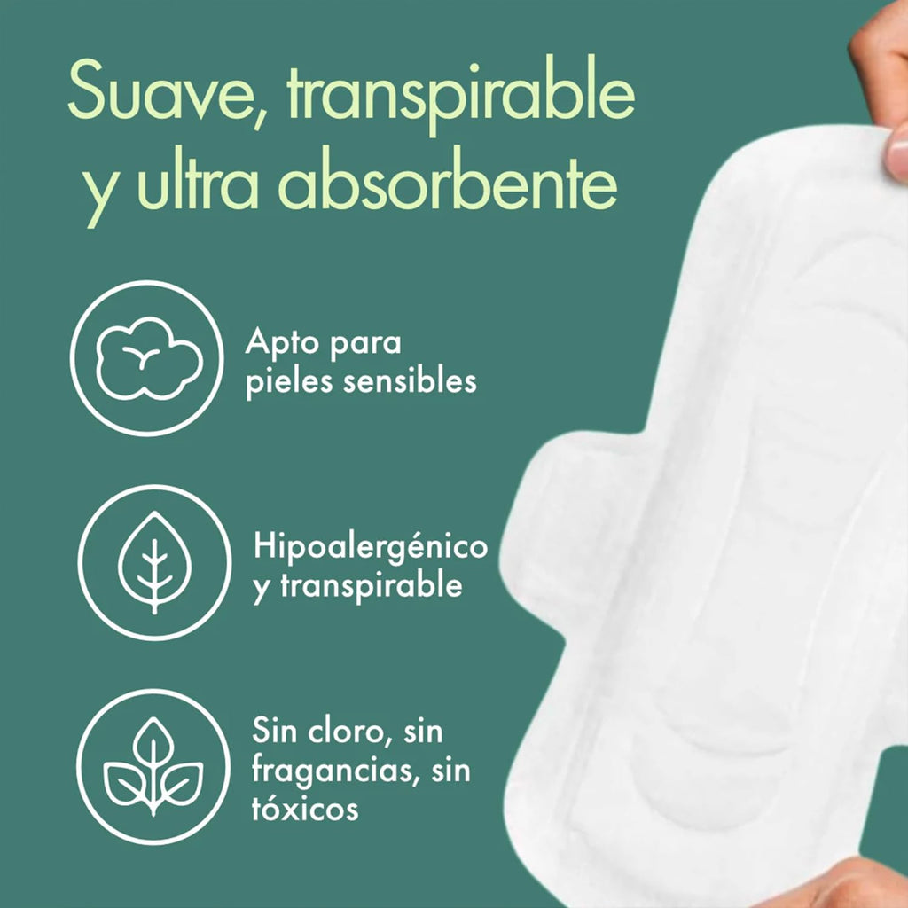 Organic Cotton Pads with Wings - Extra Absorbent and Breathable - Safe Protection for Abundant and Night Flow - Hypoallergenic and Biodegradable (Low)