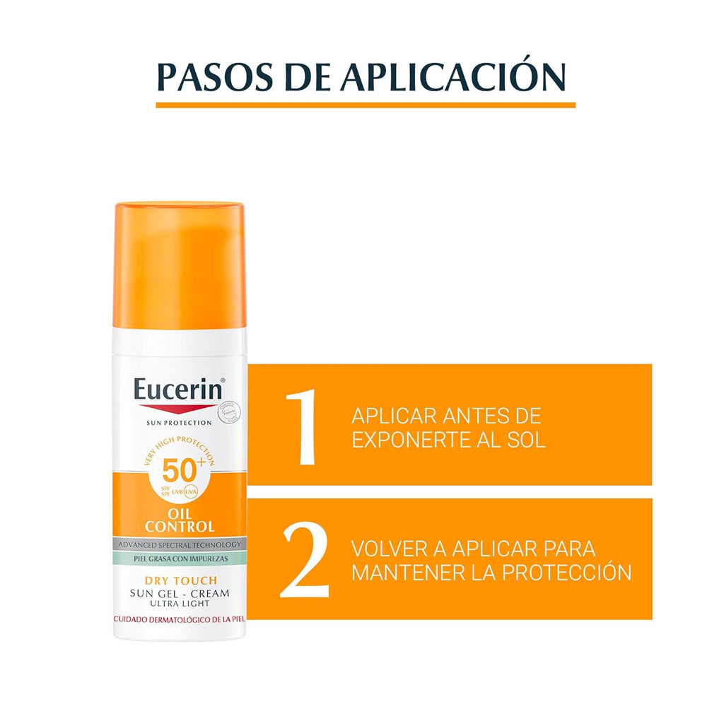 Eucerin Sun Gel Oil Control Dry Touch SPF 50+ (50ml), 50+ Face Sun Protection with UVA/UVB Filters, Sun Cream for Oily & Acne Prone Skin, Ultra Light Textured Sun Cream