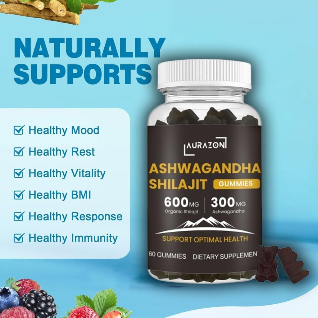 Pure Himalayan Shilajit Ashwagandha High Strength Gummies 300mg Relax, Restore & Mixed Vegan, Plant Based, Non-GMO, Gluten-Free & Gelatin Free, One Month Supply for Both Men and Women