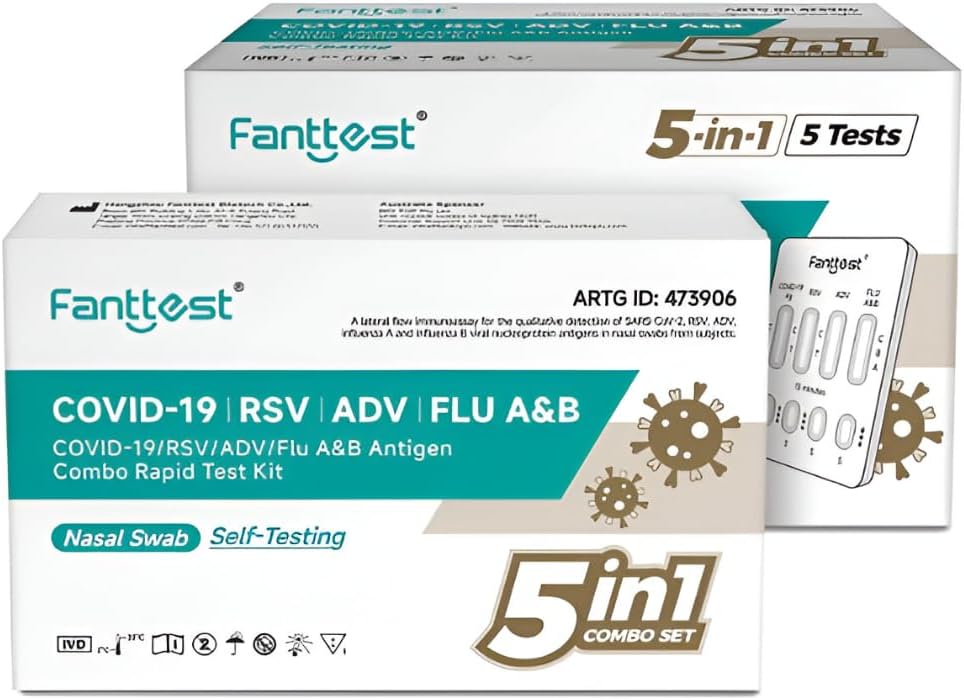 Fanttest 5-in-1 Combo RAT Test - ADV Virus - RSV - Influenza Flu A/B - COVID-19 Rapid Antigen Test Kit - Nasal Swab (5 pack)