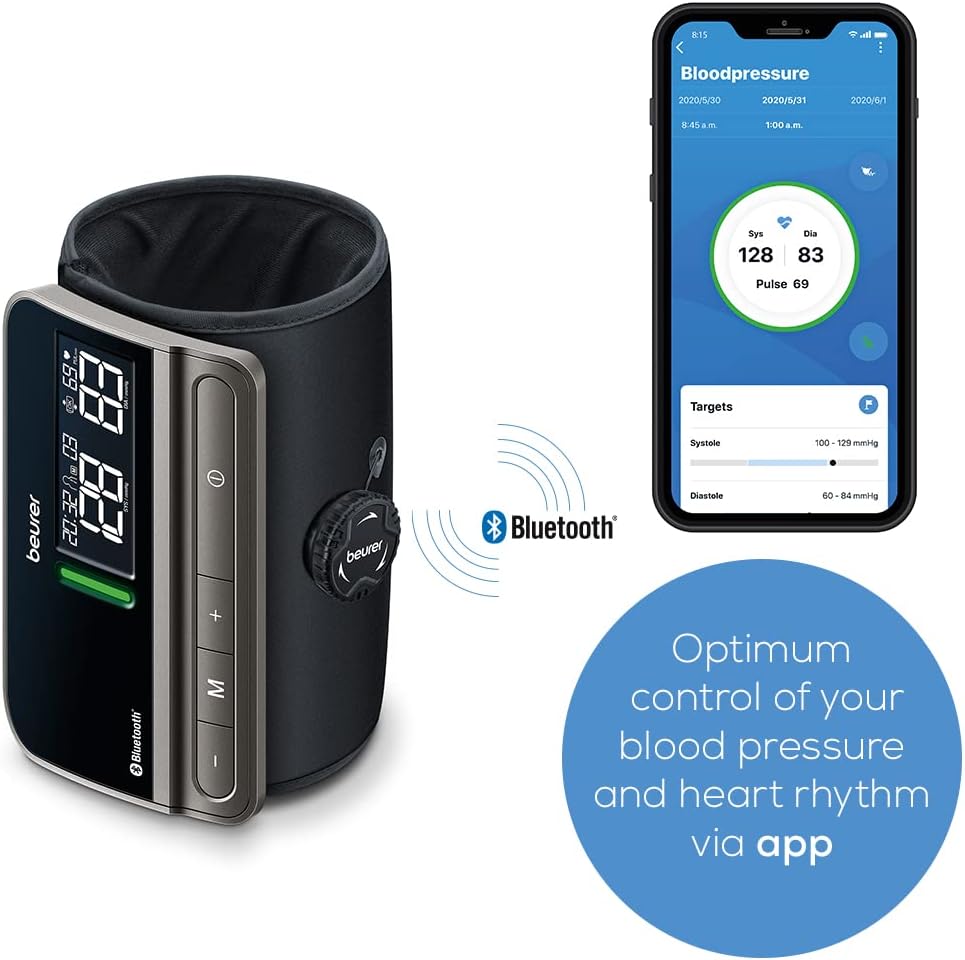 Beurer BM81 easyLock Automatic Upper Arm Blood Pressure Monitor, Smart Cuff Without Cables for Fast Measurement, Bluetooth, 240 Memory Sets, Data Transfer to Apple Health and co.