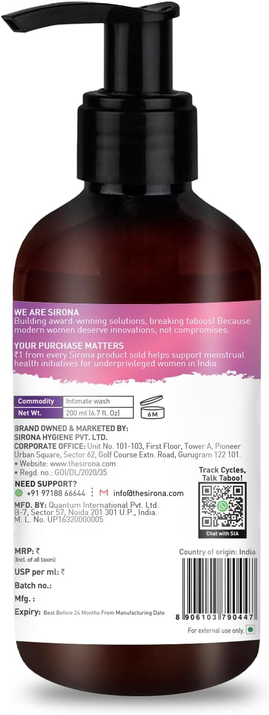 Sirona Natural Refreshing Feminine Wash - 6.7 Fl Oz (200 ml) | No Chemical, No Irritation, pH Balanced Intimate Wash, Helps to Reduce Odor and Itching