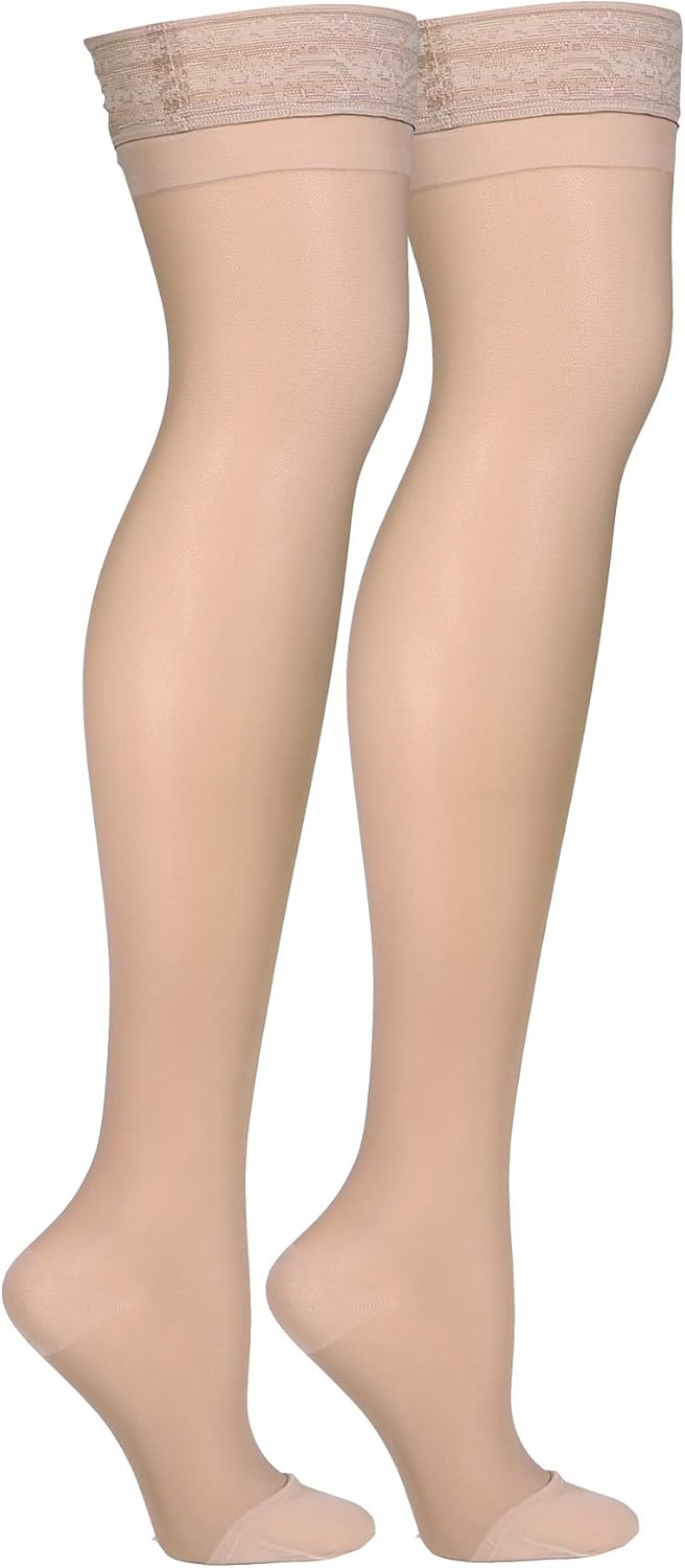 Truform Sheer Compression Stockings, 15-20 mmHg, Women's Thigh High Length, 20 Denier, Nude, Large