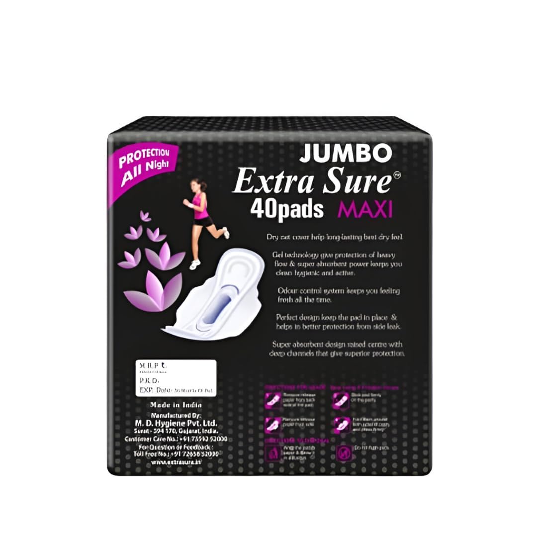 Extra Sure XXXL Sanitary Pads - 100% Cotton, Ultra-Absorbent & Leak-Proof Feminine Hygiene Pads - Skin-Friendly Comfort (Pack of 40)