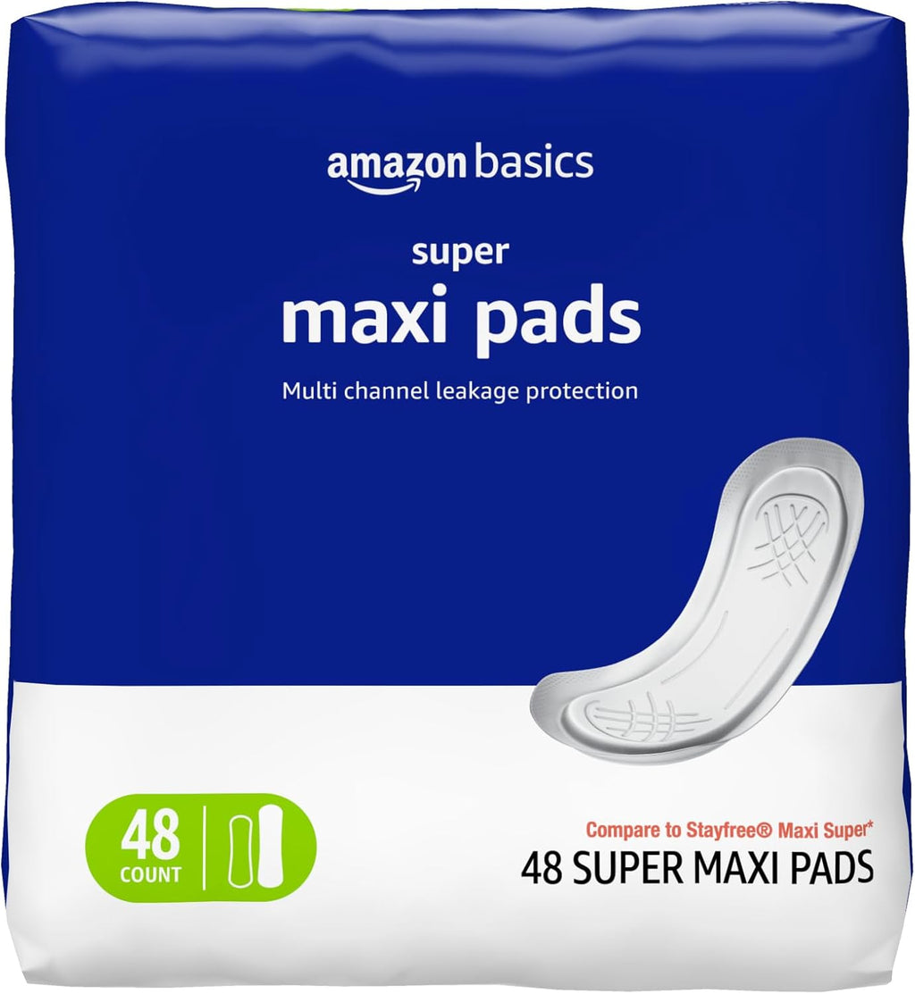 Amazon Basics Maxi Pads For Periods- Thick, Super Absorbency, Unscented, 48 Count, 1 Pack