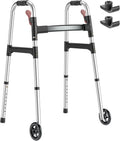 HOMLAND Standard Walkers for Seniors, 6.5lb Lightweight Foldable Walker | One-Hand Folding, 8 Height Adjustments, 350lb Capacity, Easy to Assemble, 2 Skis, 5" Wheels, Aluminum Frame, Frosted Silver