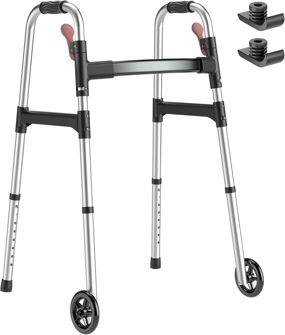 HOMLAND Standard Walkers for Seniors, 6.5lb Lightweight Foldable Walker | One-Hand Folding, 8 Height Adjustments, 350lb Capacity, Easy to Assemble, 2 Skis, 5" Wheels, Aluminum Frame, Frosted Silver