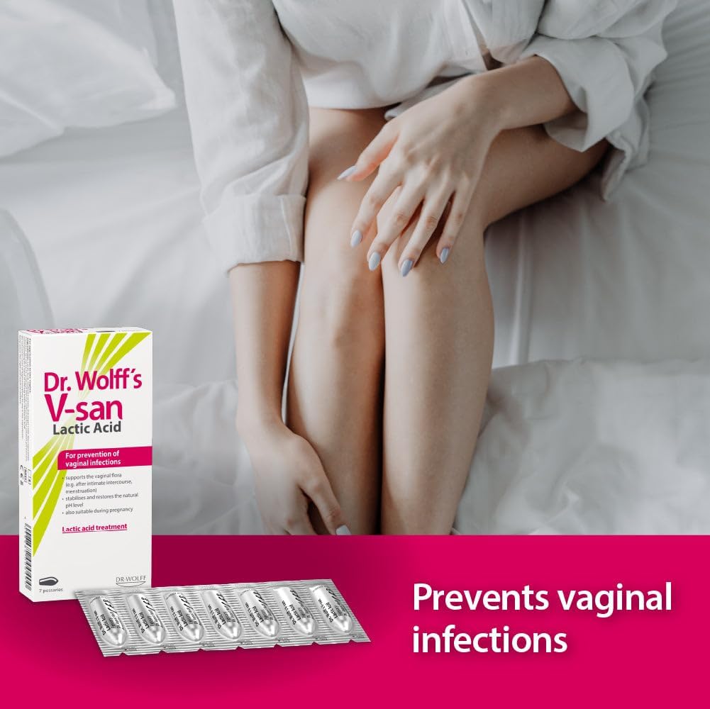 Dr. Wolff's V-san Lactic Acid for Prevention of Vaginal Infections 7 pcs | Restores Vaginal pH | Restore natural Vaginal health | Prevent reoccuring vaginal infections | Hormone-Free | Safe to use with Condoms