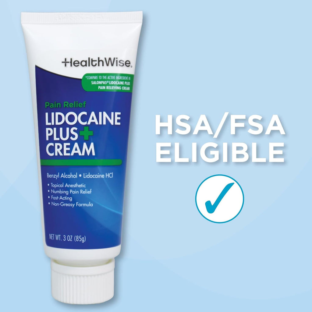 HealthWise Lidocaine Plus+ Cream | Numbs Away Pain | | Non-Greasy | 3.0 Oz | 4% OTC Lidocaine + 10% Benzyl Alcohol | Topical Anesthetic