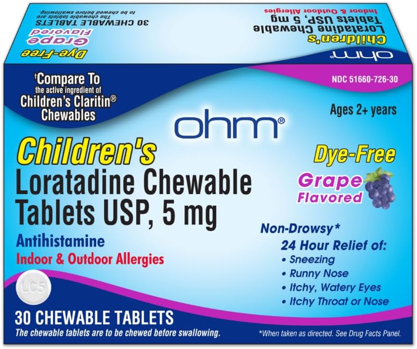 Ohm Children's Allergy Medicine, Loratadine 5mg, Chewable Tablets (30 Count) Grape Flavor, Non-Drowsy Antihistamine, 24-Hour Allergy Relief for Runny Nose, Watery Eyes, Itchy Throat & Nose