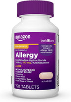Amazon Basic Care All Day Allergy Relief, Fexofenadine Hydrochloride Tablets, 180 mg, Antihistamine, Non-Drowsy, 24-Hour Relief for Sneezing, Itchy Eyes, Runny Nose, Hay Fever, 150 Count