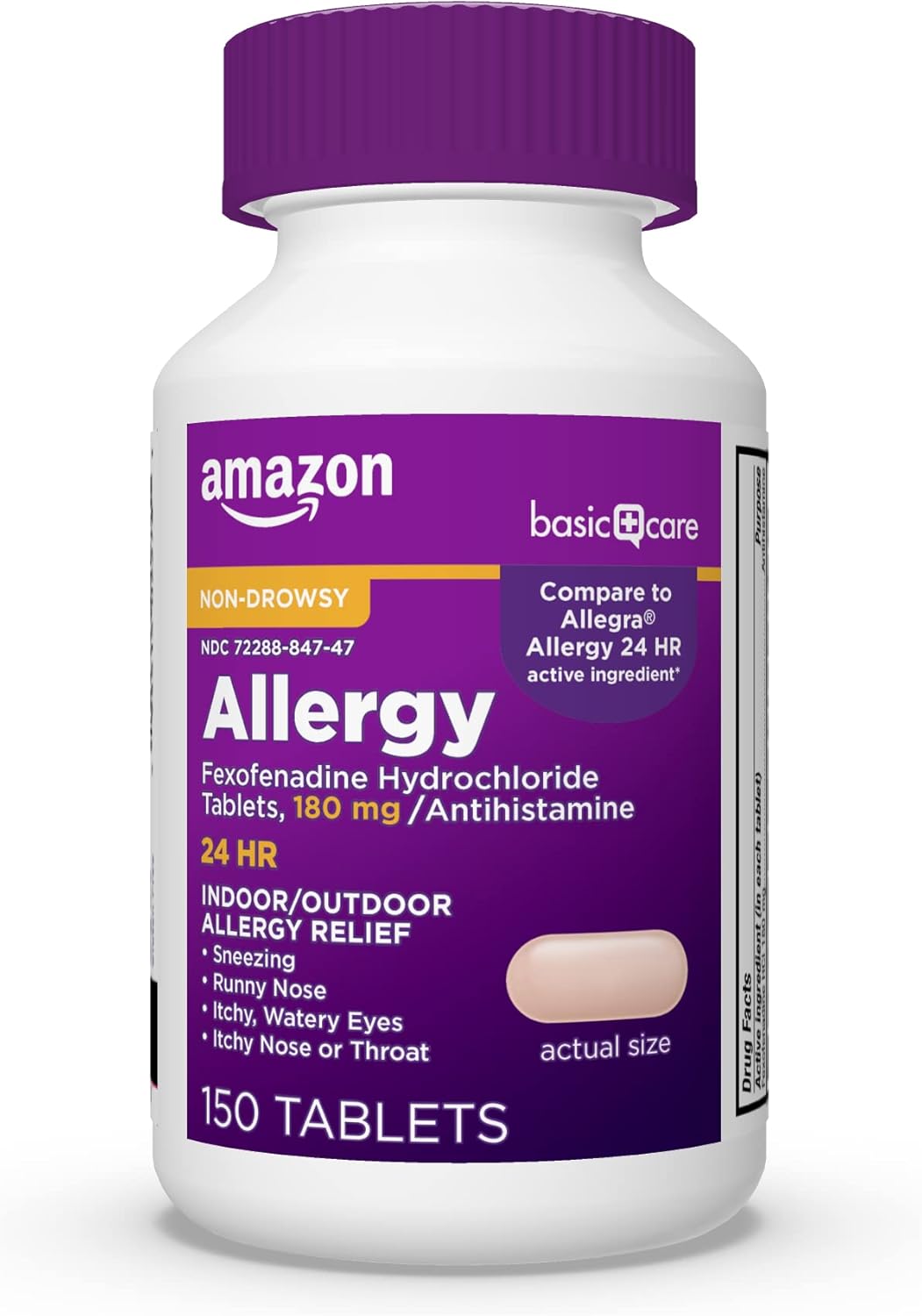 Amazon Basic Care All Day Allergy Relief, Fexofenadine Hydrochloride Tablets, 180 mg, Antihistamine, Non-Drowsy, 24-Hour Relief for Sneezing, Itchy Eyes, Runny Nose, Hay Fever, 150 Count