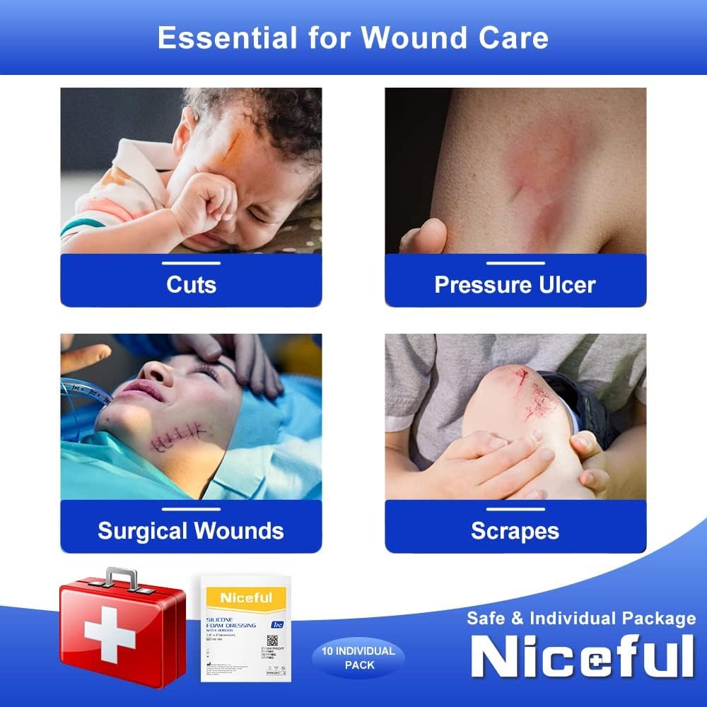Niceful Silicone Foam Dressing 1.6"x2" 10 Count, Small Bandages for Wound