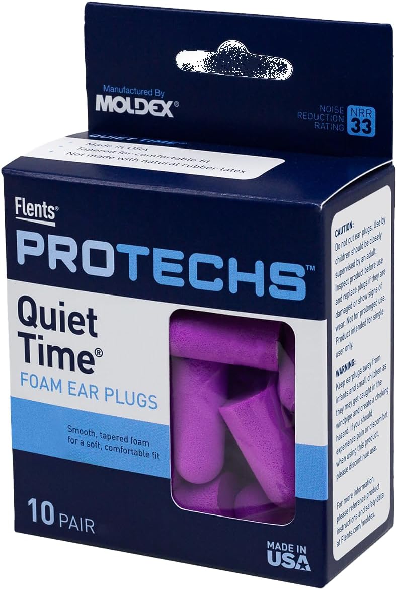 Flents Protechs Quiet Time Foam Ear Plugs, NRR 33, 10 Pair, Purple | Reusable Foam Ear Plugs for Sleeping, Snoring, Loud Noise, Traveling, Concerts, Construction, Studying, Work & Shooting