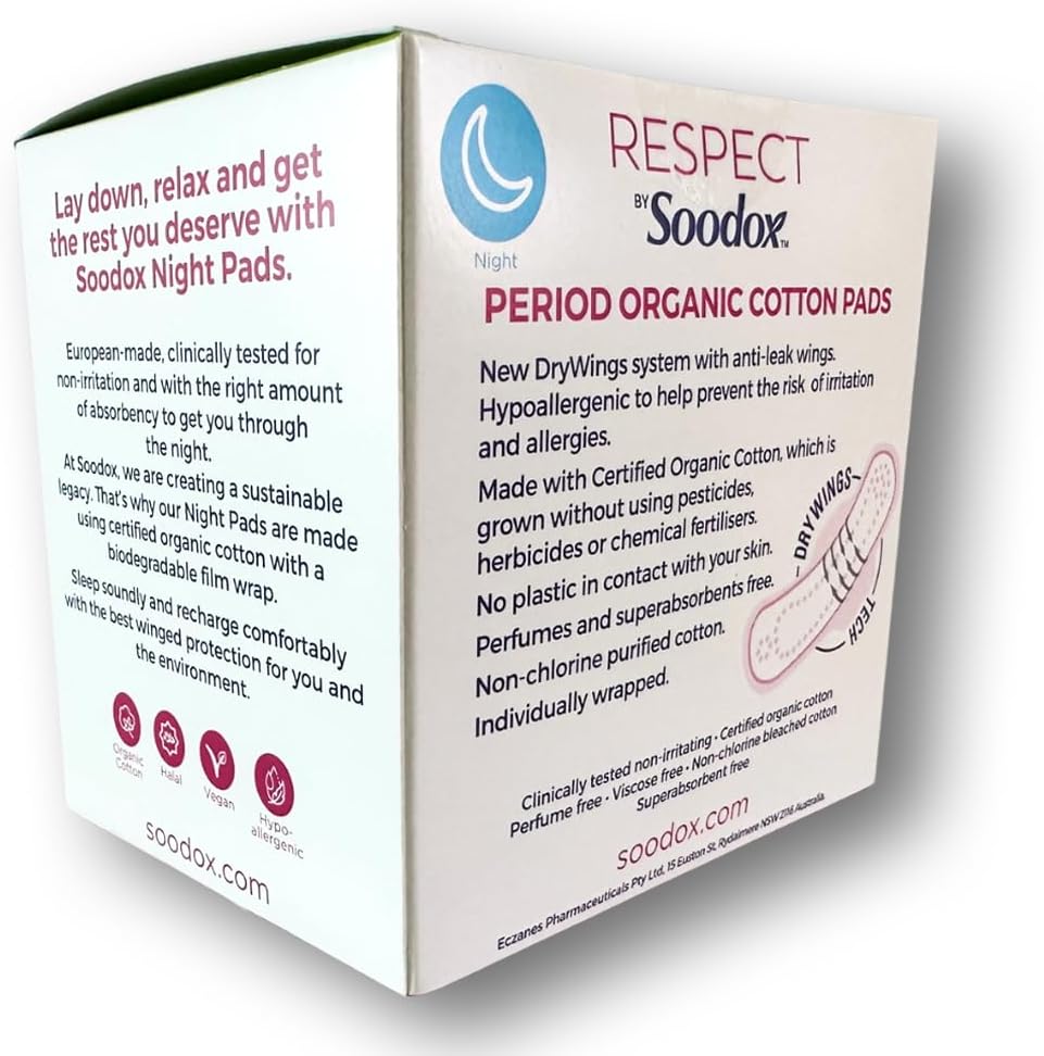 Respect by Soodox Period Organic NIGHT Cotton Pads | Drywings Technology With Anti-Leak Wings| Clinically Tested Non Irritating | Certified Organic Cotton | No Plastic | Halal & Vegan |10 Pack
