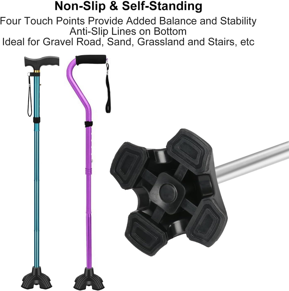 supregear Cane Tip Heavy Duty - Self Standing Non-Slip Rubber Quad Base for Walking Cane - Stable 4 Prong Replacement Foot Pad for Walking Stick Offset Quad Pod or Tripod