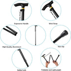 Folding Lightweight Walking Stick - Adjustable Aluminum Metal Collapsible Travel Cane with Non-Slip Rubber Base